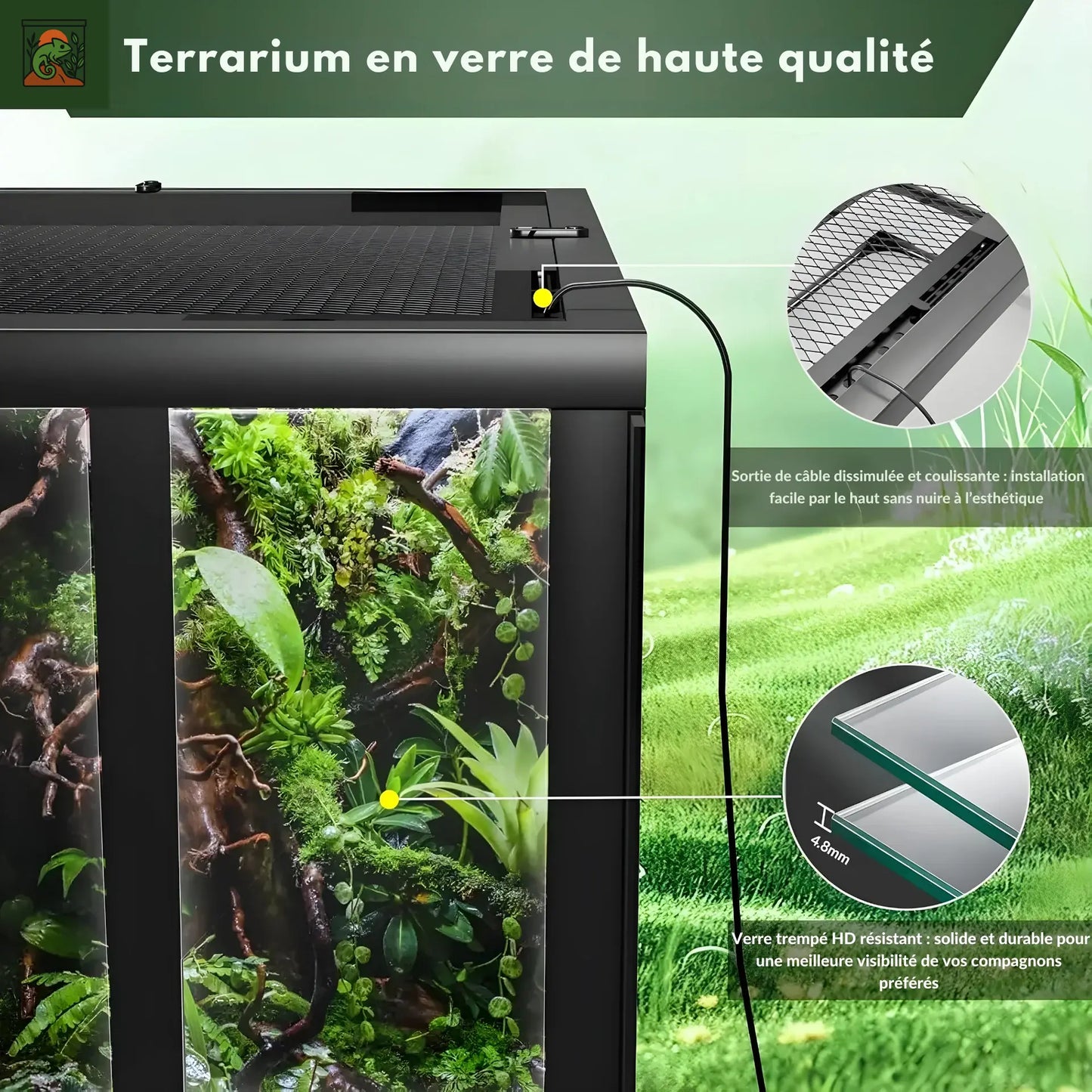 Grand Terra en verre 90×45×45 cm – Terrarium 50 Gallons