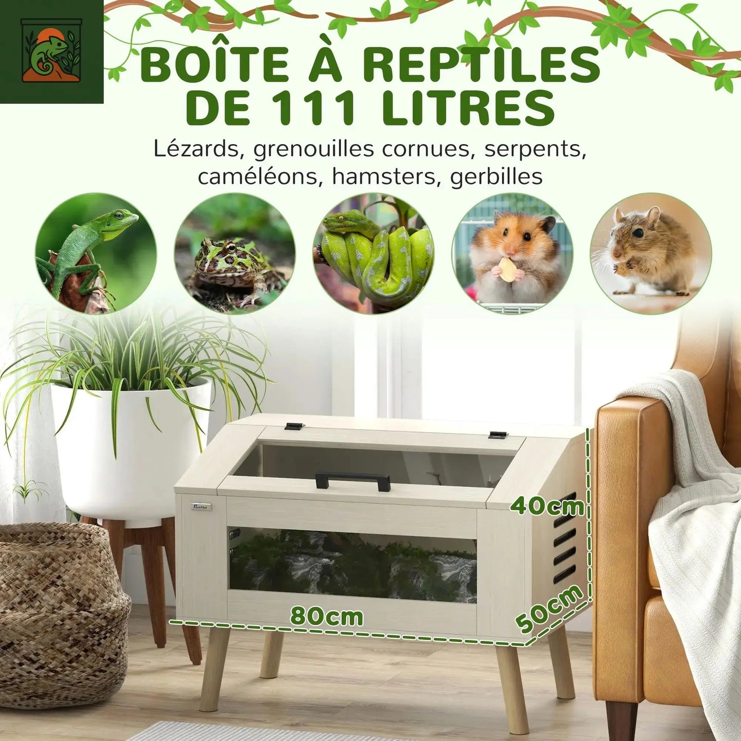 Terrarium pour reptiles Vivarium pour serpents 111L couvercle de fenêtre en verre 80x50x60cm