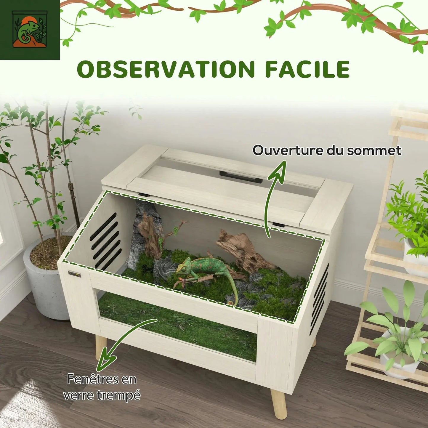 Terrarium pour reptiles Vivarium pour serpents 111L couvercle de fenêtre en verre 80x50x60cm