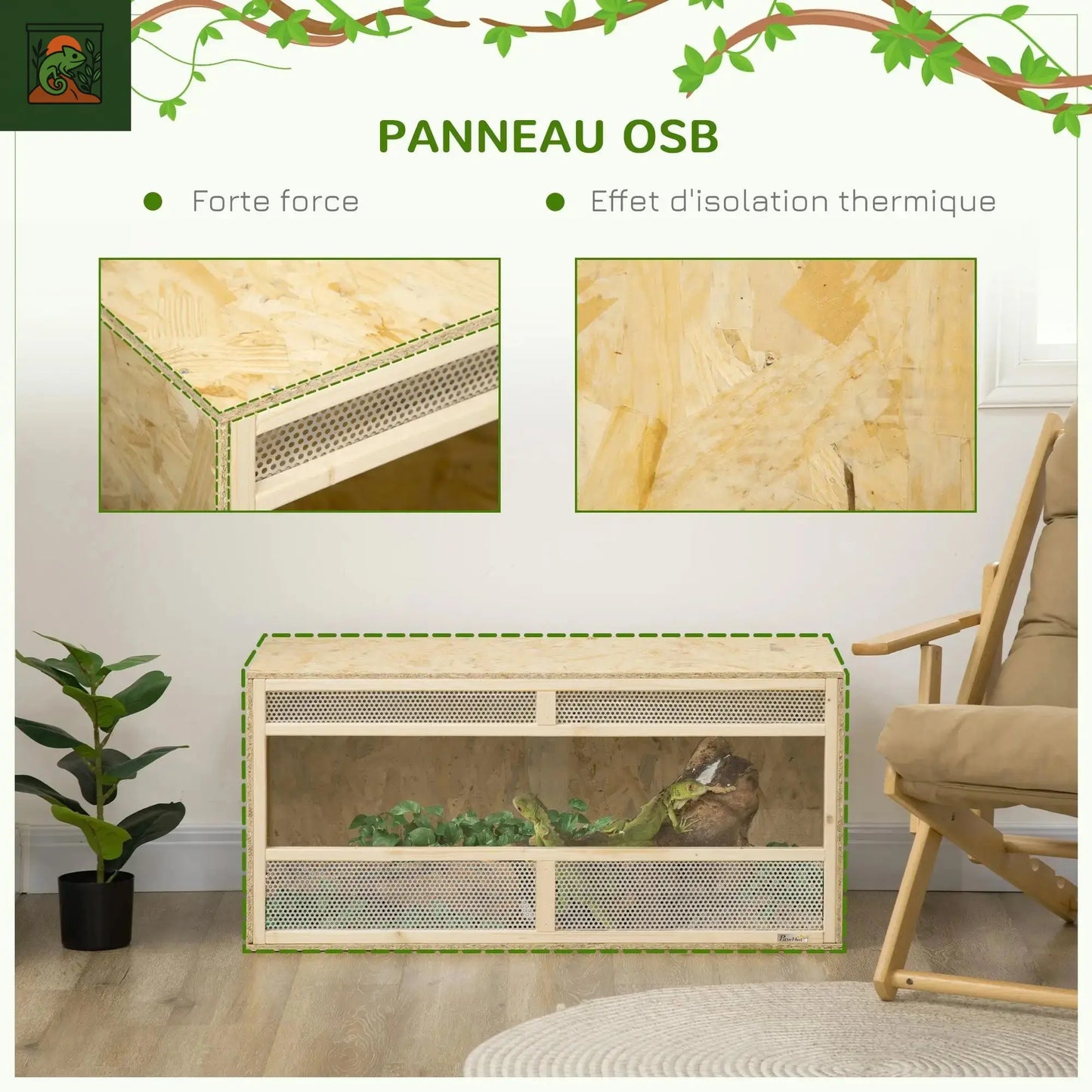 Terrarium OSB en bois pour reptiles avec porte coulissante en verre 100x47x47cm Réservoir d'habitat naturel