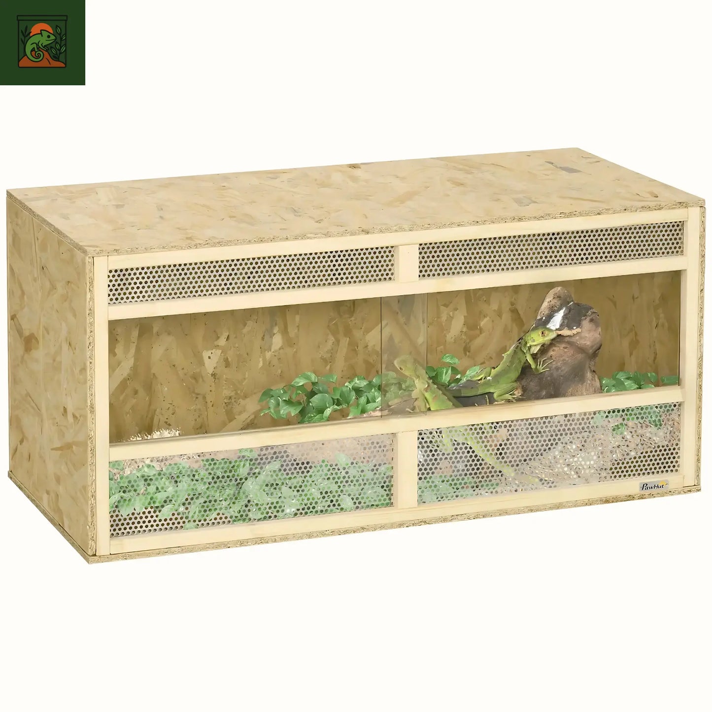 Terrarium en bois avec façade mixte grillage et verre coulissant