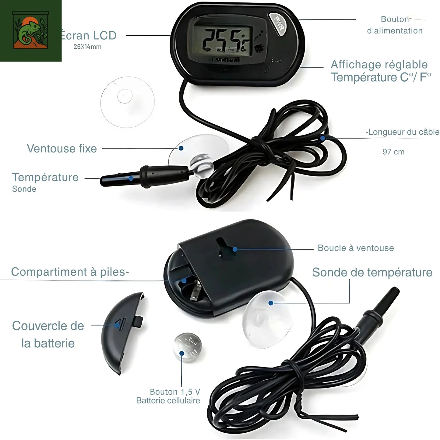 Thermomètre Numérique avec Sonde – Pour Vivarium & Terrarium Aquatique