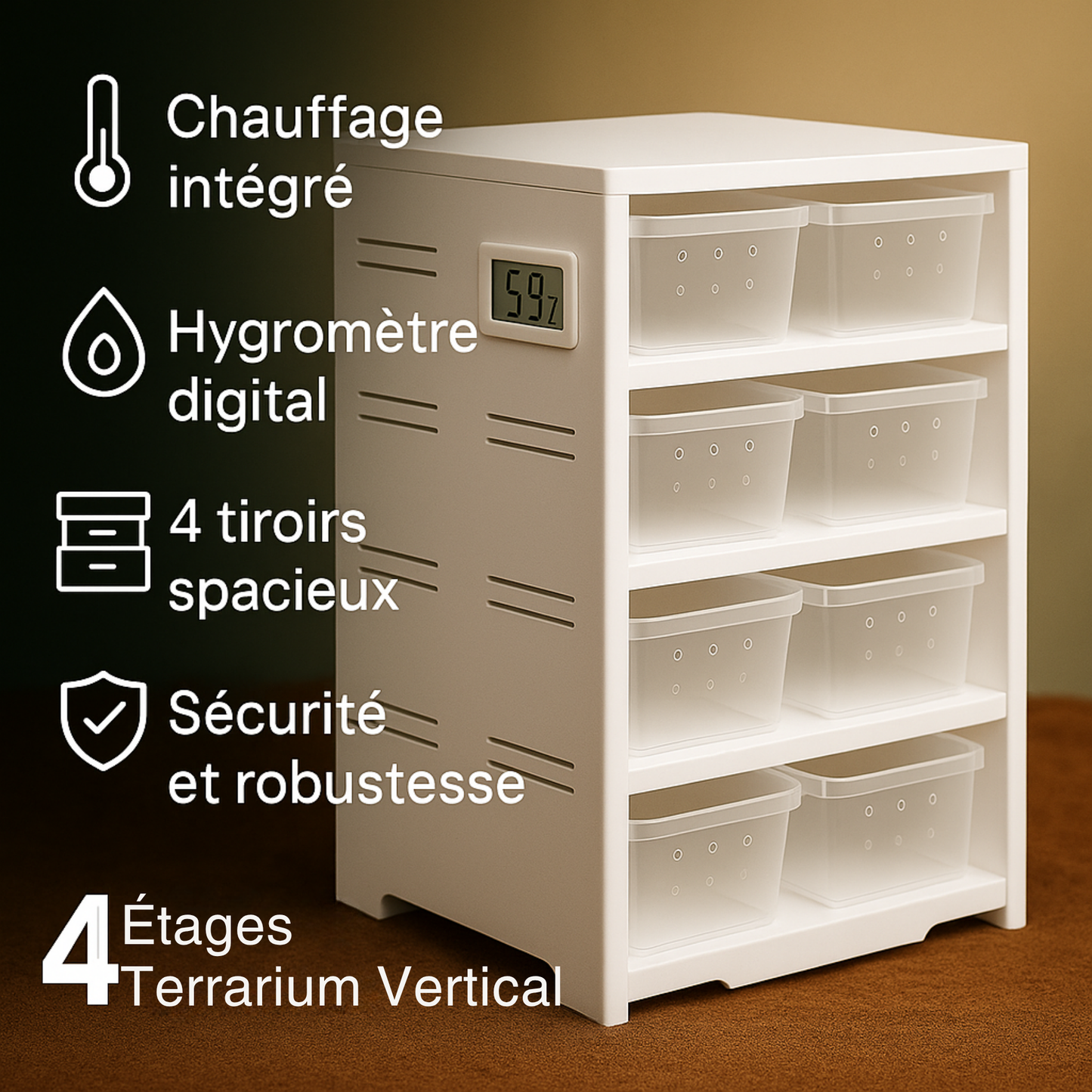 Terrarium Vertical à 4 Tiroirs avec Chauffage et Hygromètre 