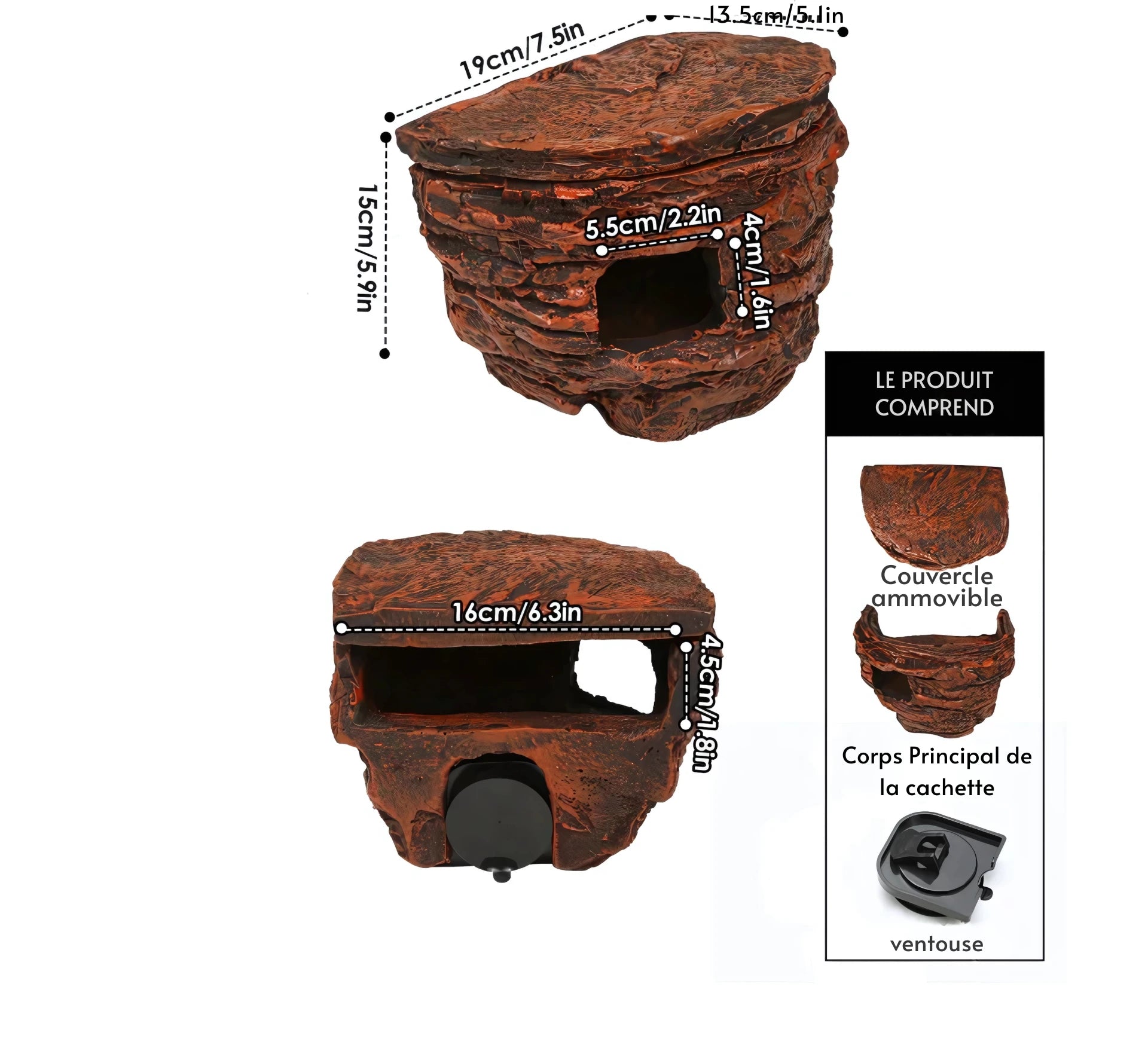 Cachette en Roche pour Terrarium – Abri Suspendu pour Réptiles 