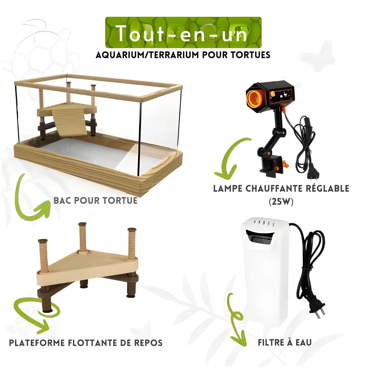 Kit Terrarium Tortue Aquatique–Avec Filtre, Lampe Chauffante & Plateforme de Repos 