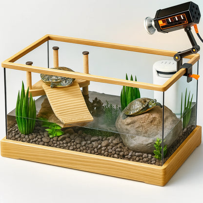 Kit Terrarium Tortue Aquatique–Avec Filtre, Lampe Chauffante & Plateforme de Repos 