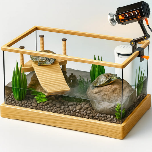 Kit Terrarium Tortue Aquatique–Avec Filtre, Lampe Chauffante & Plateforme de Repos 