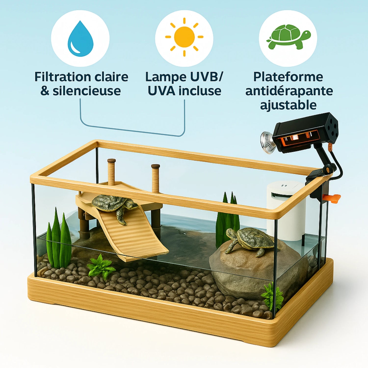 Kit Terrarium Tortue Aquatique–Avec Filtre, Lampe Chauffante & Plateforme de Repos 