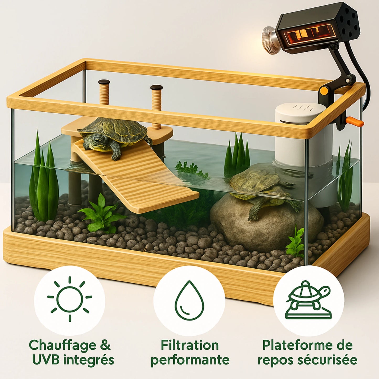Kit Terrarium Tortue Aquatique–Avec Filtre, Lampe Chauffante & Plateforme de Repos 