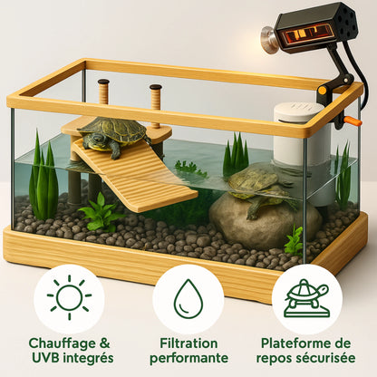 Kit Terrarium Tortue Aquatique–Avec Filtre, Lampe Chauffante & Plateforme de Repos 