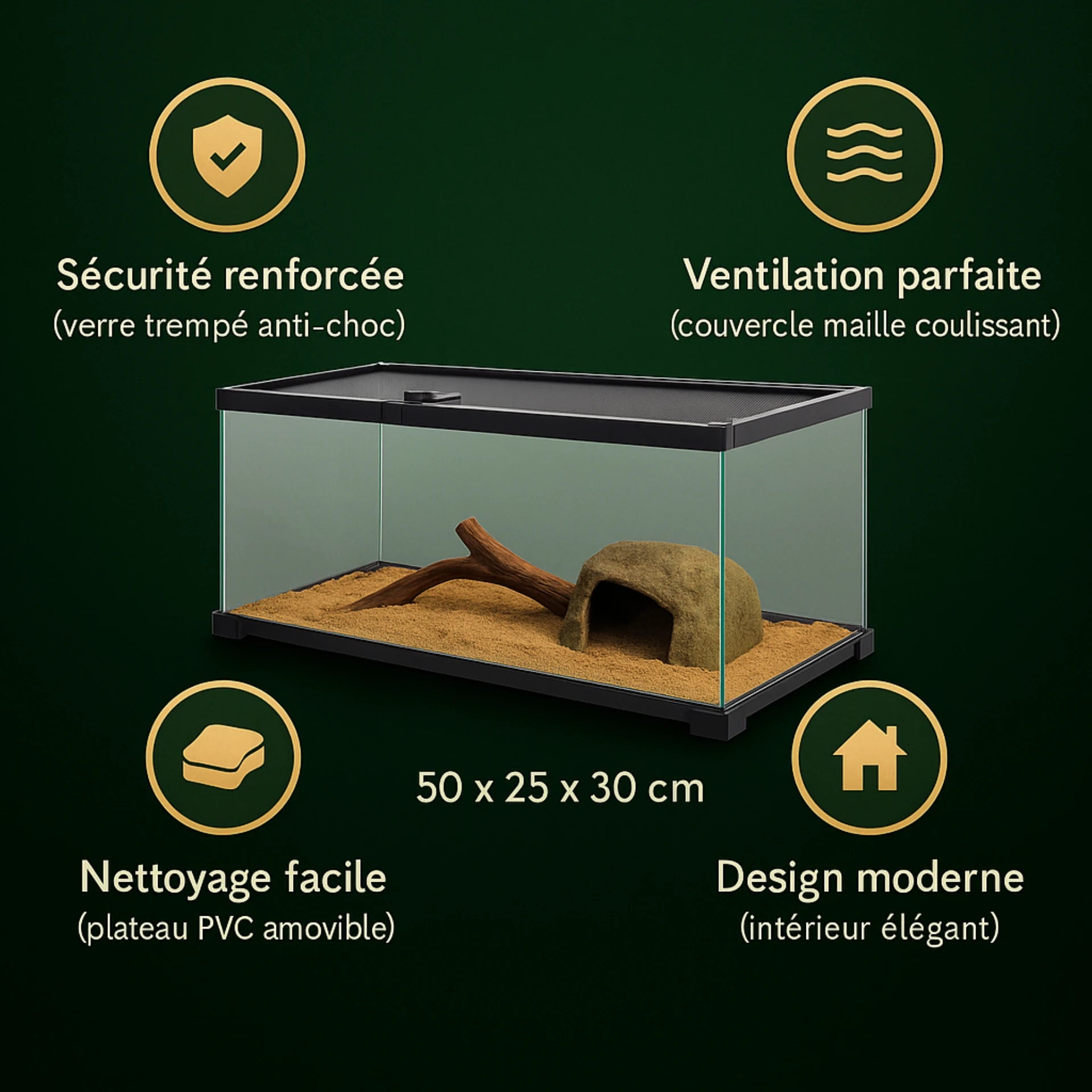 Terrarium avec Couvercle Coulissant (50 × 25 × 30 cm) 