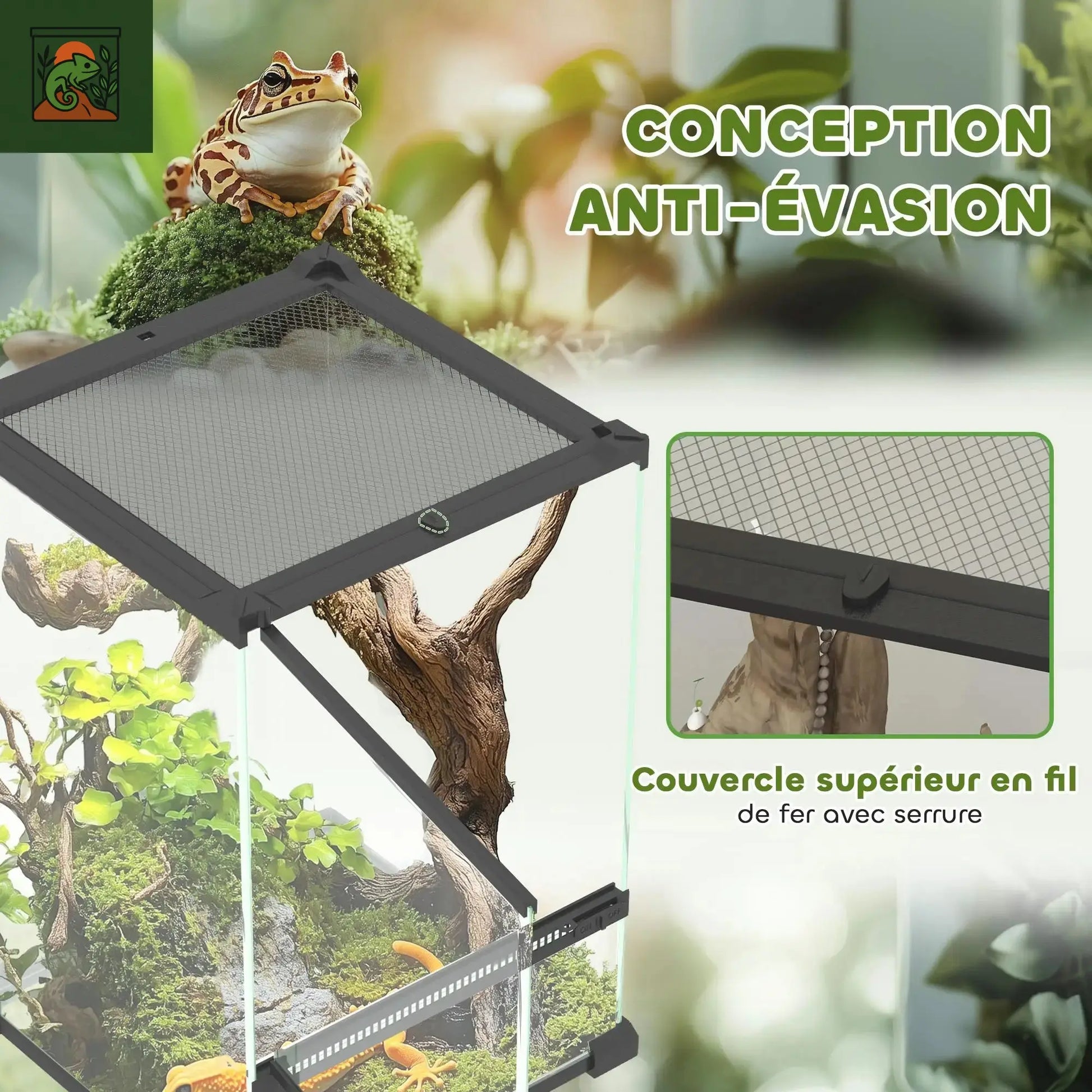 Terrarium à reptiles en verre Vivarium 12L couvercle en maille métallique 20x20x30cm noir maison pour serpents lézards et petits animaux de compagnie 