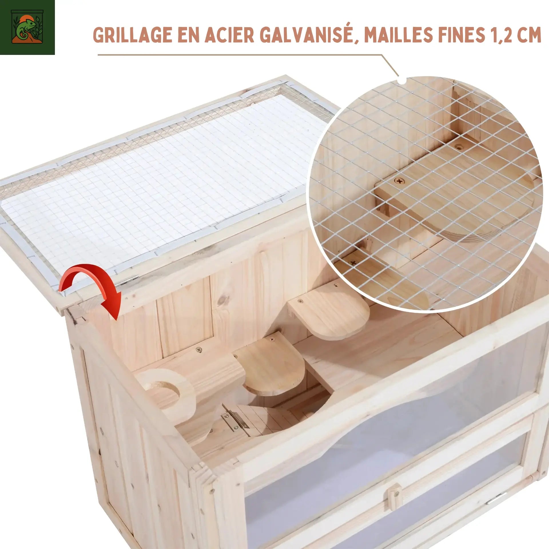 Terrarium en bois et verre avec toit grillagé 