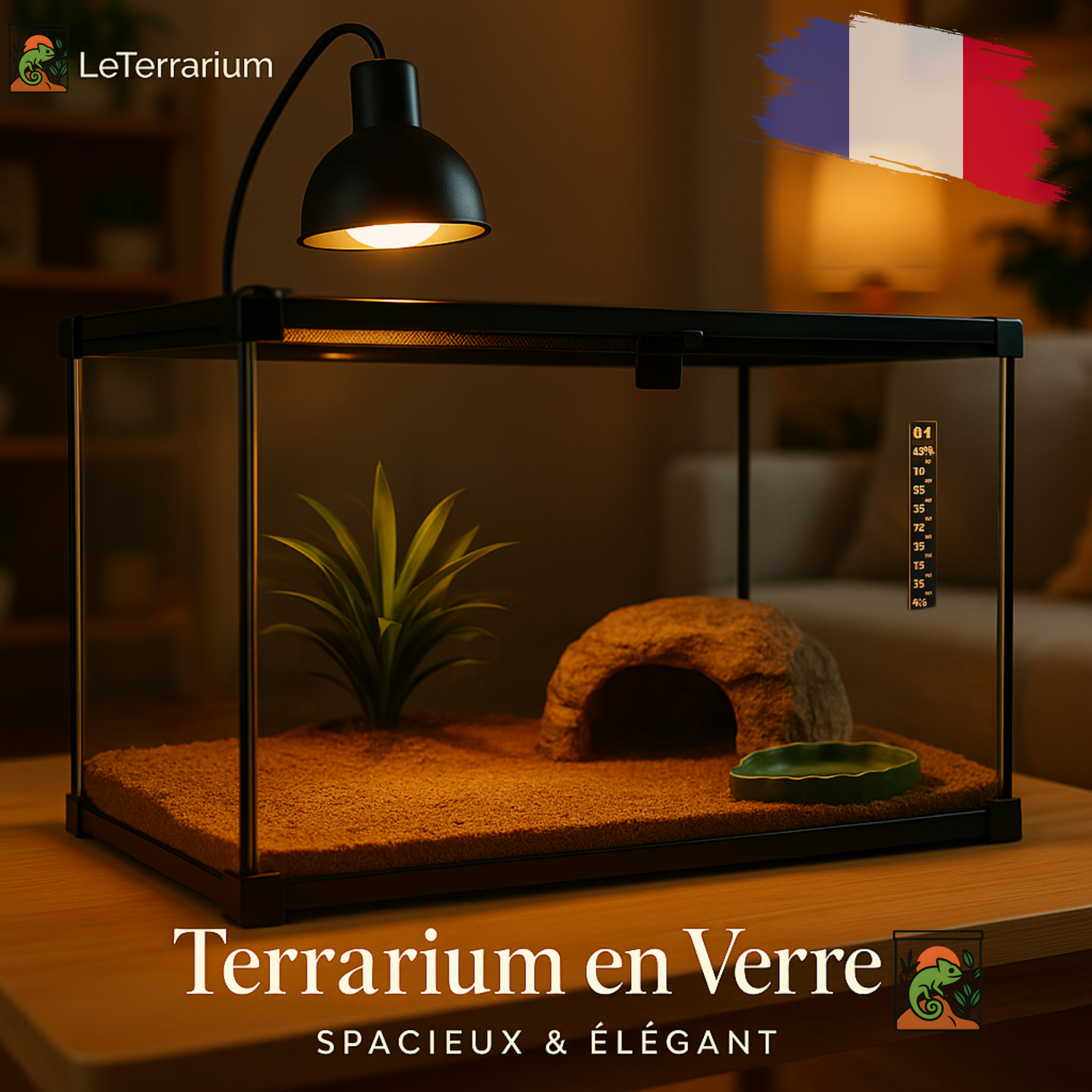 Terrarium en verre avec couvercle mesh coulissant, bassin feuille vert et thermomètre à bande — base vide spacieuse pour reptiles et amphibiens.