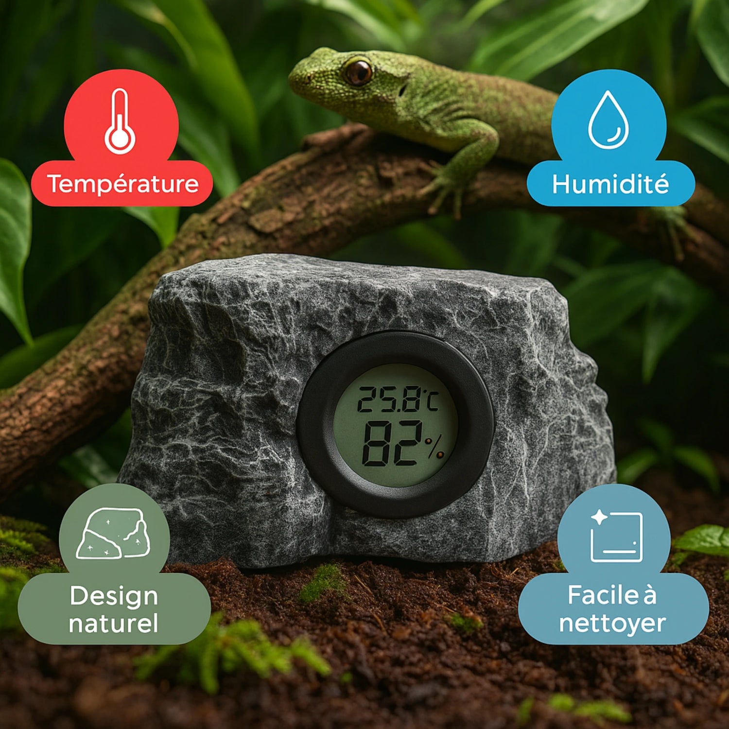 Thermomètre Hygromètre en Résine Imitation Roche pour Terrarium 